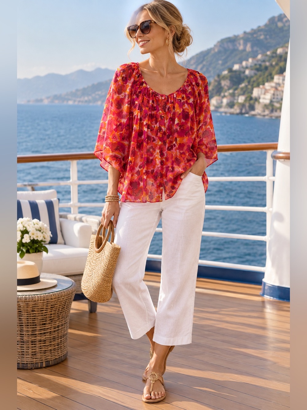 Flowy Women's Peasant Blouse in Red-Pink Floral